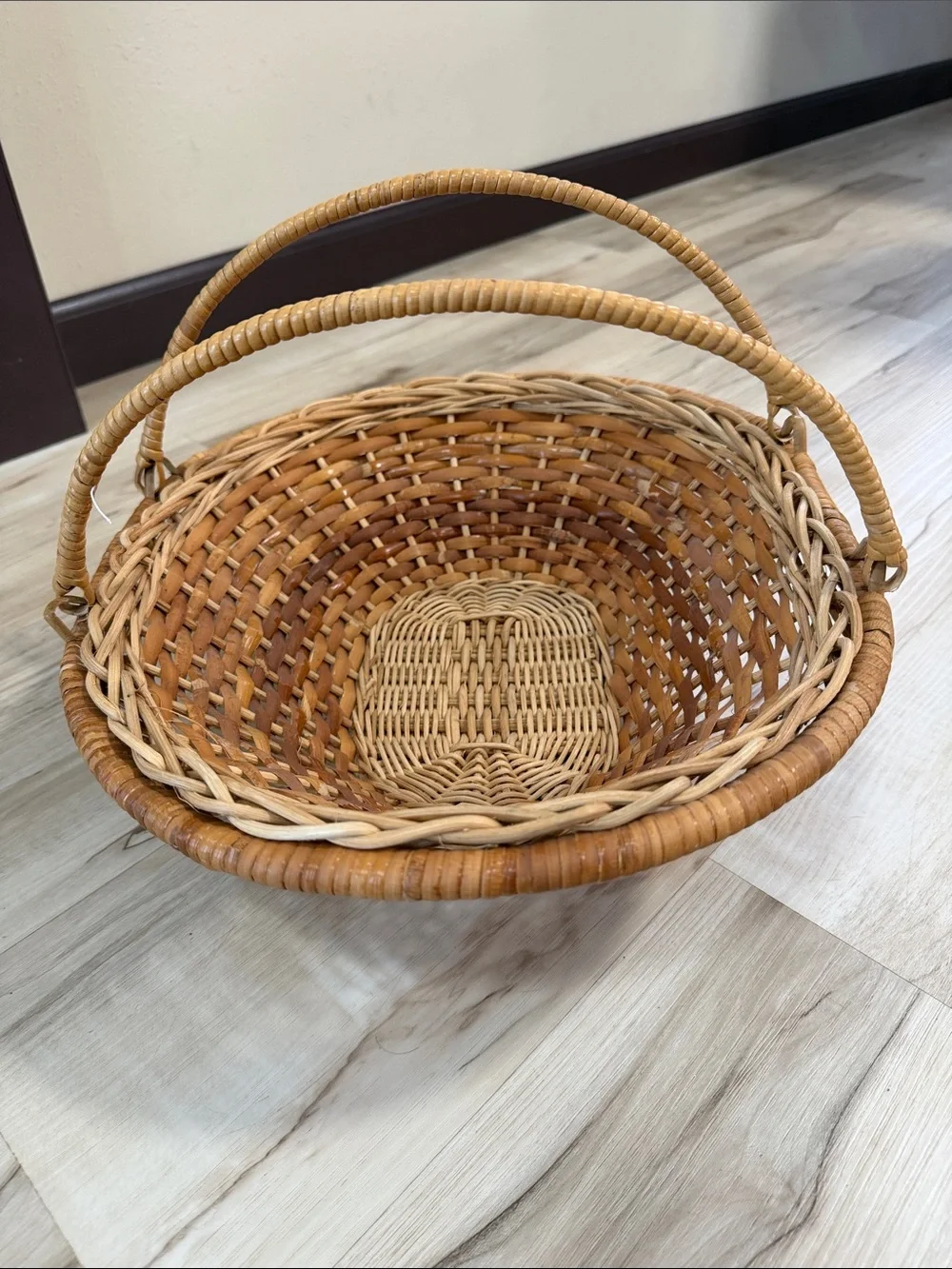 Vintage Large Woven Rattan Basket Double Handles Pedestal Boho Farmhouse Décor